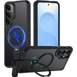 360°Spin Magnetic Stand with Silicone Strap for Samsung Galaxy S25 Case [Fit for MagSafe], Mil-Grade Shockproof Translucent Slim Phone Case with Kickstand&Ring Holder for S25 (Black)