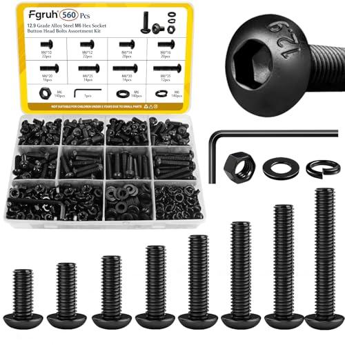 Fgruh 560PCS M6 Hex Socket Button Head Bolt Assortment Kit, M6-1.0x10/12/14/16/20/25/30/35 mm Button Head Cap Bolts Nuts Washers Screws Assorted Set, Grade 12.9 Alloy Steel Black Zinc Plated