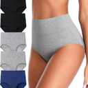 ASIMOON Tummy Control High Waisted Underwear for Women Cotton Plus Size Full Coverage Panties Ladies Briefs (Large, K-multicoloured-5 Pack)