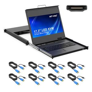 MT-VIKI KVM Rack Mount HDMI with 17.3'' LCD Monitor, 1080P@60Hz Support OSD/Hotkey, Included 8 KVM Cables+Keyboard + Touchpad, Fit 1U 19'' Rack, Mount Depth 23.6-31.8"