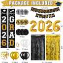 Graduation Party Decorations Class of 2026, Graduation Decorations with Congrats Grad Banner Fringe Foil Curtain Paper Flower Ball Balloon for High School College Graduation Party Supplies, Black Gold