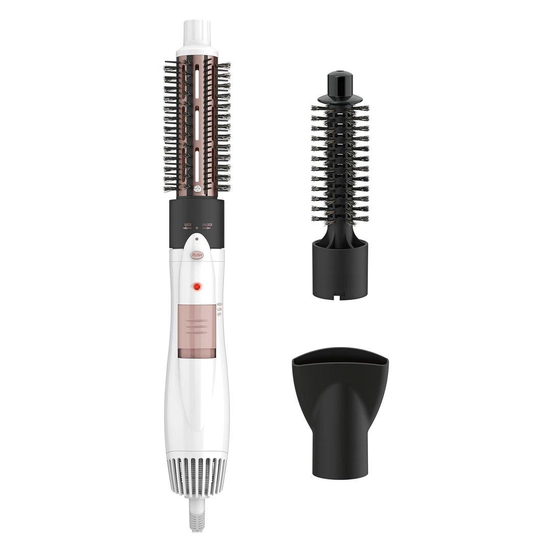 Conair Double Ceramic 3-in-1 Hot Air Brush, Interchangeable Attachments: 1-Inch Thermal Brush, -Inch Boar and Nylon Bristle Brush, and Concentrator, Voluminous Curls & Straight Styles, White