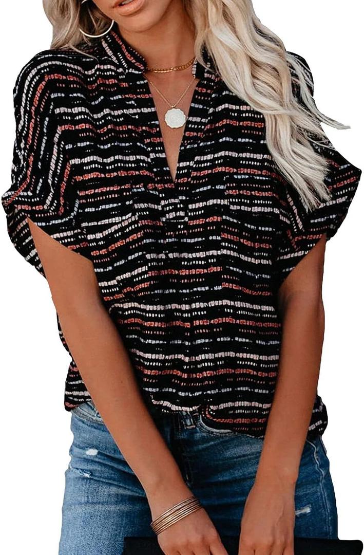 Allimy Women Summer Casual Split V Neckline Floral Chiffon Blouses Loose Tunic Short Sleeve Tops (Large, X Stripes Black Cuffed Sleeve)