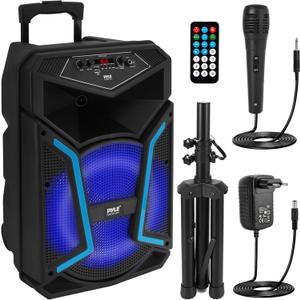 Pyle Portable Bluetooth PA Speaker System - 800W Outdoor Bluetooth Speaker Portable PA System w/ Microphone In, Party Lights, MP3/USB, FM Radio, Rolling Wheels - Mic, Remote - Pyle PPHP122SM,Black