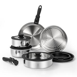 ROYDX 16pcs Pots and Pans Set, Stainless Steel Cookware Set Detachable Handle, Induction Kitchen Stackable RV Cookware Sets, (Camper, Boat, Small Kitchen), Dishwasher Safe&Oven Safe, PFOA Free, Silver