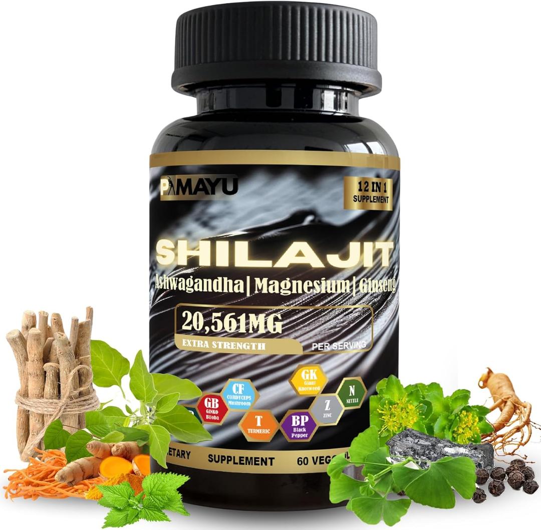 Shilajit 12-in-1 Supplement  with Ashwagandha, Rhodiola, Panax Ginseng, Cordyceps, Zinc, Turmeric  Premium Herbal Complex for Men & Women  60 Vegan Capsules