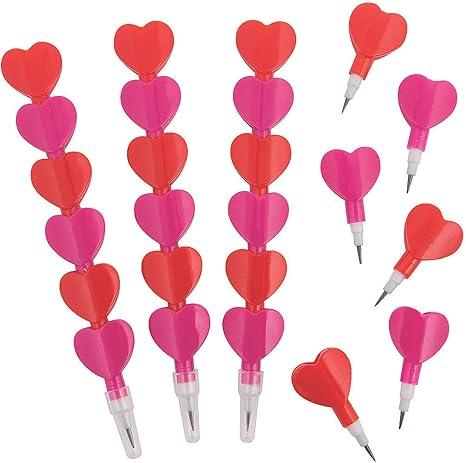 Chinco 24 Pieces Valentine's Day Pencils Stackable Pencils Plastic Heart Pencils Stacking Colored Pencils for Kids Red Pink Stacking Point Kids Pencils Birthday Party Supplies School Fun Equipment