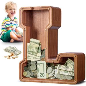 Summidate Large Wooden Piggy Bank for Kids Adults, Alphabets Letter A-Z Piggy Bank for Boys Girls, Coins Bills Change Bank Box Personalized Initial Name Kids Money Bank for Birthday Present and Decor