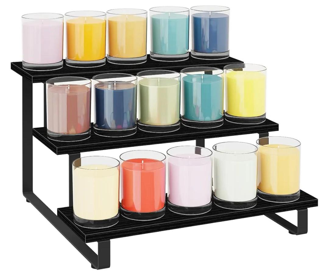 ELITEROO 3 Tier Wooden Display Riser Stand, Portable Products Display Shelf, 3 Step Straight Display Rack for Retail Tabletop, Countertop, Craft Shows, Farmers Market, Tradeshows, Vendors, Black