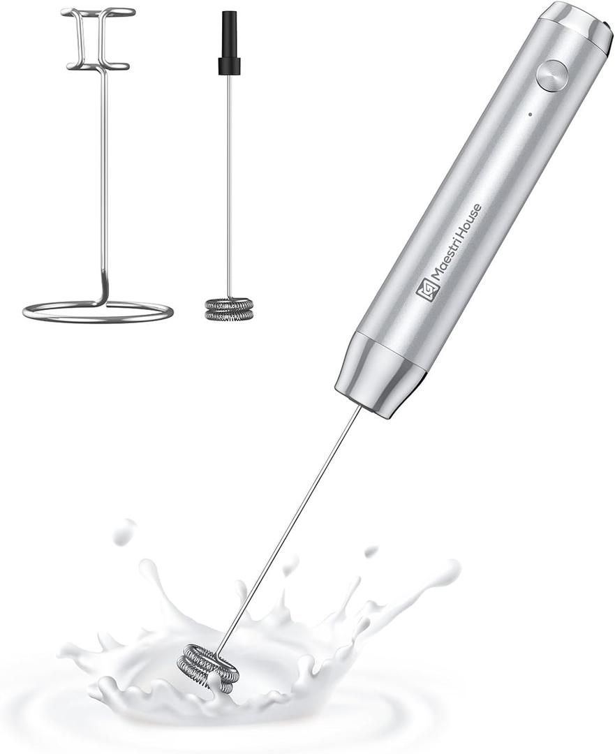Maestri House Rechargeable Milk Frother with Stand, LunaFro Handheld Electric Foam Maker Waterproof Detachable Stainless Steel Whisk Drink Mixer Foamer for Lattes, Cappuccino (Sliver)