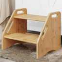 AMBIRD Wooden Step Stool, Two Step Stools Toddler 300 lbs Capacity with Safety Non-Slip Pads and Handles, Bamboo Step Stool for Bathroom, Kitchen Dual Height Step Stools for Kids (Natural) (13.2'' H)