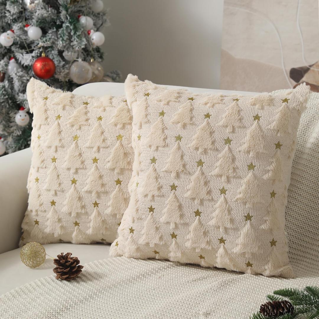 Christmas Pillow Covers 18 x 18 inch Set of 2 Beige Christmas Tree Pillow Covers Decorations Plush Faux Fur Soft Cushion Case for Winter Xmas Holiday Home Bedroom Sofa Decors PT004-C18