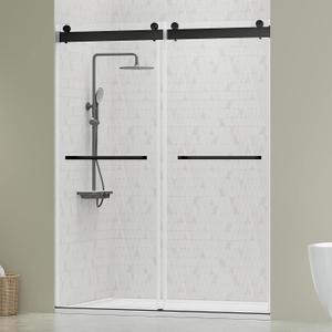 DELAVIN 56"-60"W x 75"H Frameless Shower Door, Double Sliding Shower Door, 5/16"(8mm) Clear Tempered Glass, Noiseless Shatterproof Shower Door with Square Rail, Stainless Steel, Aluminum, Matte Black