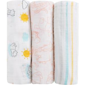 Disney Winnie The Pooh Yellow, Aqua, and White 3 Piece Muslin Swaddle Baby Blanket Set