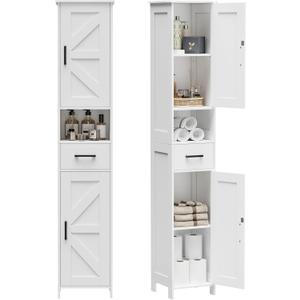 Homhedy 67" H Tall Bathroom Storage Cabinet with 2 Barn Doors and 1 Drawer, Narrow Storage Unit, Adjustable Shelves, Floor Cabinet for Bathroom, Living Room, Entryway, Kitchen, White, (11.8" W)