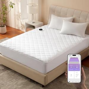 Bwarm WiFi Heated Mattress Pad Queen Size, Bed Warmer with 9 Heat Settings, 1-12 Hours Auto Off Deep Pocket, Machine Washable, Diamond Quilted White Queen 60" x 80"