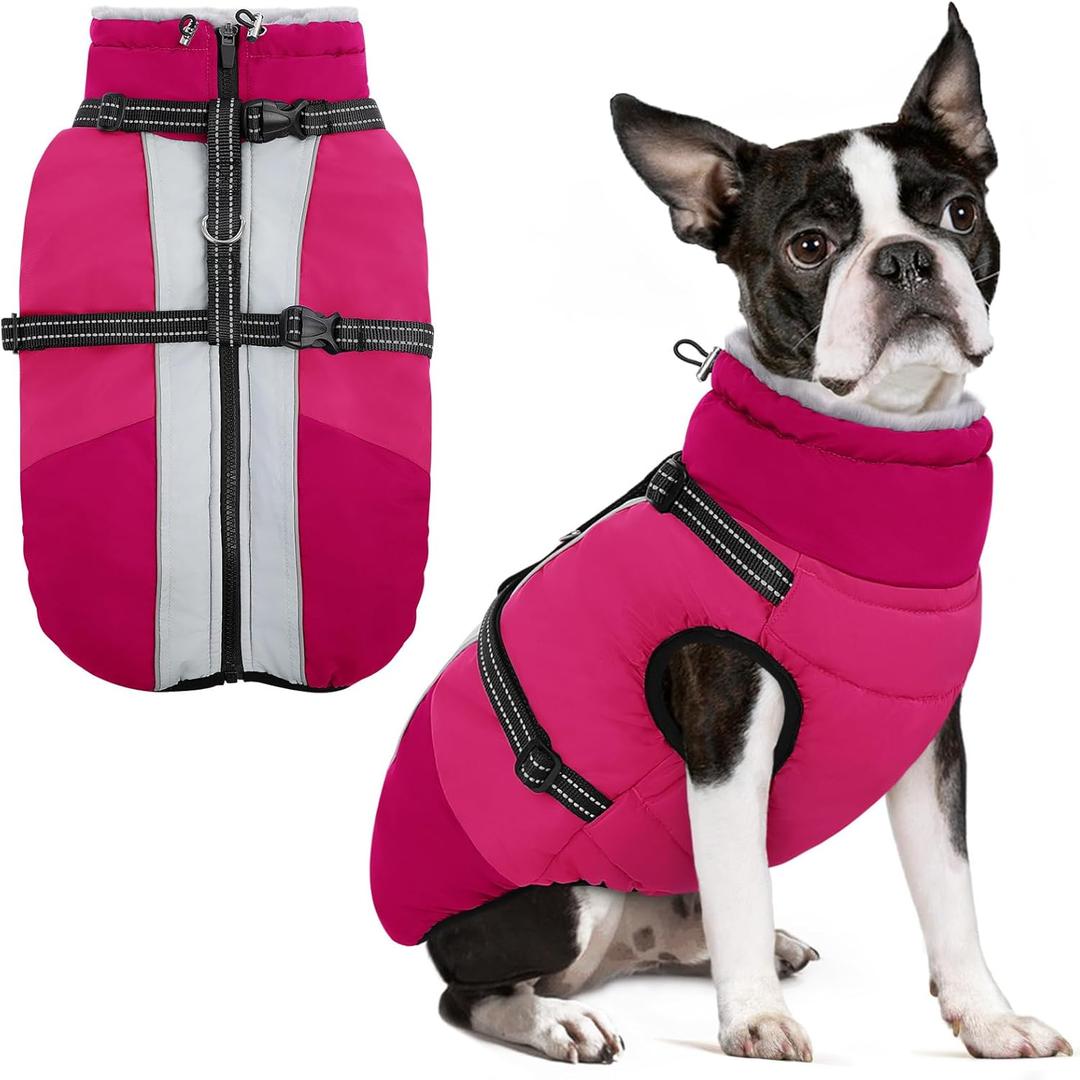 SUNFURA Small Dog Coat with Harness Built-in, Warm Dog Jacket with Zip, Reflective Winter Coat Pet Sweater Clothes for Small Dogs Schnauzer, Yorkshire Terrier, Shih Tzu, Hot Pink S