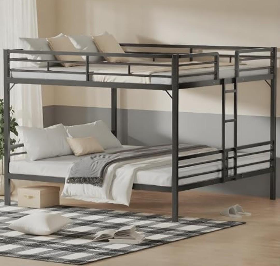 King Over King Bunk Bed with Ladder and Guardrail for Adult Teenagers Kids Bedroom, Metal Bed Frame/Near Ground Design for Dormitory, Living Room, No Box Spring Needed, Black