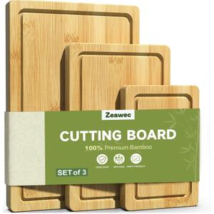 3-Piece Set Bamboo Cutting Board for Kitchen - Crack-Resistant Wood Chopping Boards with Deep Juice Grooves, Pre-Oiled Butcher Block for Meat, Vegetables & Cheese, Natural