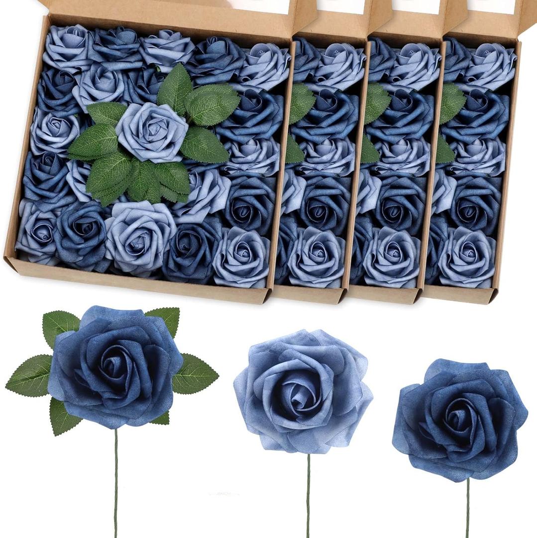 100 Pcs Artificial Foam Rose Flower Faux Bouquet Wedding Fake Rose Gift for Mother's Day Women DIY Bridal Shower Party Table Birthday Home Spring Decor (Dusty Blue Shades)