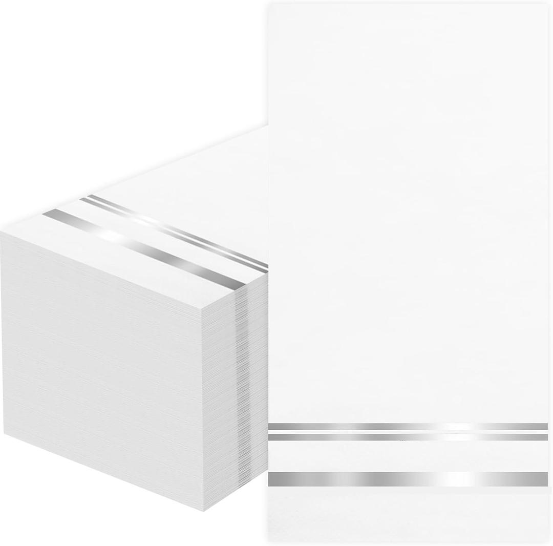 100 Pcs White and Silver Napkins - Silver Paper Napkins Disposable - Premium Quality Silver Dinner Napkins for Bathroom Kitchen Wedding Birthday Anniversary Party