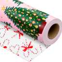 Yarcony Girl Christmas Wrapping Paper Roll, Pink Wrapping Paper, Metallic Foil Elegant Pastel Christmas Tree, Candy Cane & Bow Design Girl Holiday Gift Wrap for Winter Holiday (17 Inch X 33 Feet)