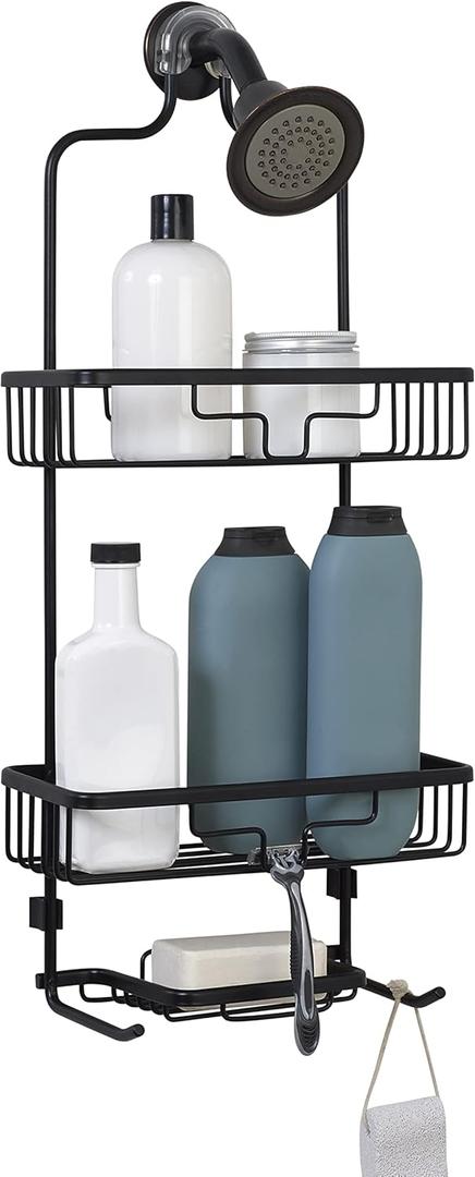 Zenna Home Rustproof Shower Caddy Hanging Bathroom Organizer, Aluminum Shower Rack with 2 Shelves and Built in Hooks, Premium Over Shower Head Storage System, Black