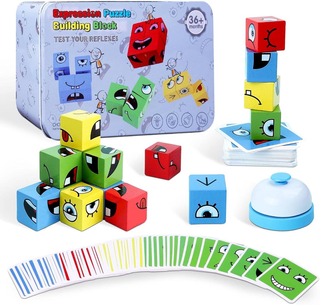 Montessori Puzzle Game for Kids - Wooden Face Changing Magic Cube Game, Educational Face Changing Cubes, 3+ Years (64 Cards, 16 Blocks, 1Bell)