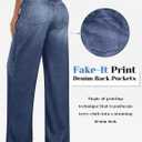 EUYZOU Womens Wide Leg Trendy Jeans Terry Look Like Denim High Waisted Baggy Loose Pants with Pocket (Blue)