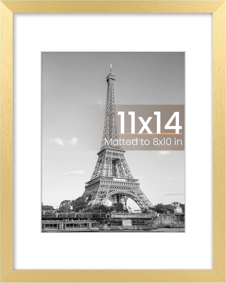upsimples 11x14 Picture Frame, Display Pictures 8x10 with Mat or 11x14 Without Mat, Wall Hanging Photo Frame, Gold, 1 Pack