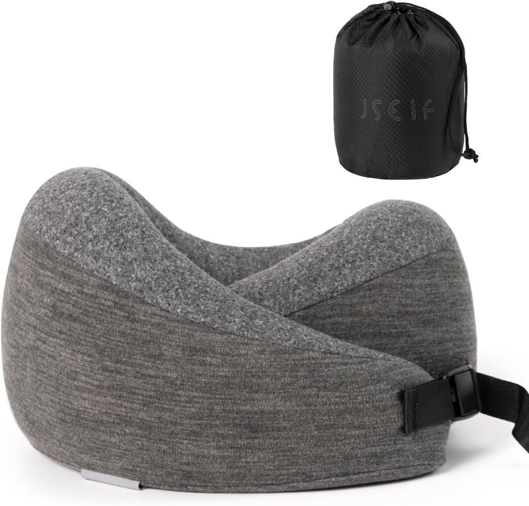 JSELF Travel Pillow, Memory Foam Travel Neck Pillow for Airplanes, Double Support to The Neck, Head, and Chin, 360 Ergonomic Design Full Neck Surround Pillow for Office, Airplanes & Car (Dark Gray)