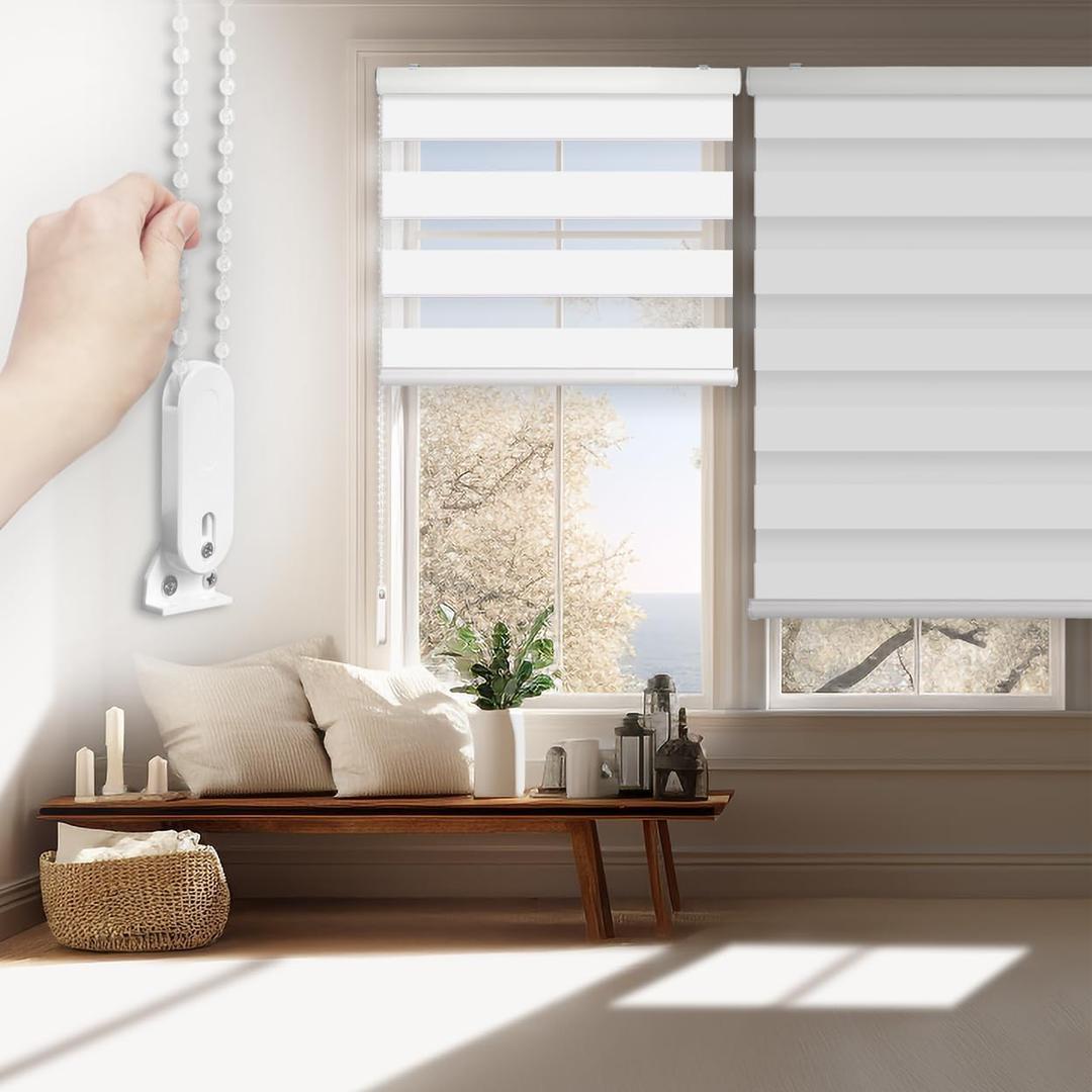 FOIRESOFT Standard Blackout Zebra Roller Blinds [Bonita, Pure White, W 47 x H 64inch] Dual Layer Privacy Shade, Room Darkening, Select 1x1 for Custom