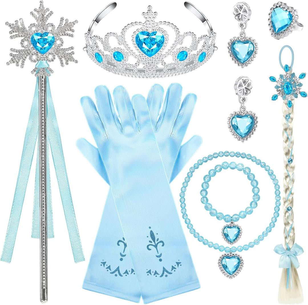 Lyrow 8 Pcs Princess Dress up Party Accessories Include Dress up Jewelry Princess Wand Gloves Fake Crown Wig Ring Necklace Bracelet Earring for Girls Cosplay Costume Set Holiday Birthday Party Favors