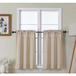 Lecloud Bessie Kitchen Curtains 36 Inch Length 2 Pcs, Faux Linen Slub Textured Light-Filtering Short Curtains for Small Windows,Small Curtain for Bathroom Basement, Each 30 W x 36 L, Linen Color