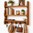 3 Tier 100% Solid Wood Wall Shelf with 5 Hooks, Vintage Wooden Shelf, Rustic Scalloped Edge Floating Shelf for Wall Decor and Storage, Farmhouse Display Shelf for Kitchen, Bathroom, Bedroom, 17.3 x 5.1 x 18.9 inches
