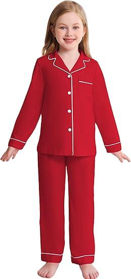 Veseacky Girls Pajamas Sets 100% Cotton PJ ButtonDown Long Sleeve 2 Piece Pajamas Set Boys Girls Pjs for Ages 5-14 (120-160) (10-11 Years)