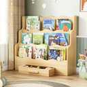 3-Tier Montessori Scalloped Kids Bookshelf with Drawer, 29.6" Wide