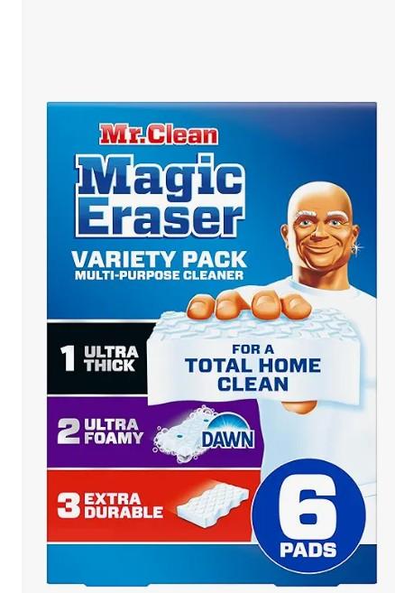 Mr. Clean Magic Eraser Sponge, All Purpose Cleaner, Cleaning Scrubber, Kitchen, Bathroom, Shower, Oven, Cleaning Supplies, Variety Pack with 1 Ultra Thick, 2 Ultra Foamy, & 3 Extra Durable, 6ct