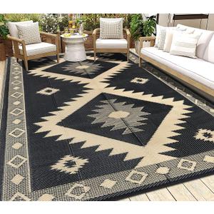 HEBE Outdoor Rug 8'x10' Waterproof for Patios Clearance, Reversible Plastic Straw Rug Camping Carpet, Indoor Outdoor Area Rugs Patio Mats for RV,Picnic,Backyard,Deck,Balcony,Porch (Diamond/Black)