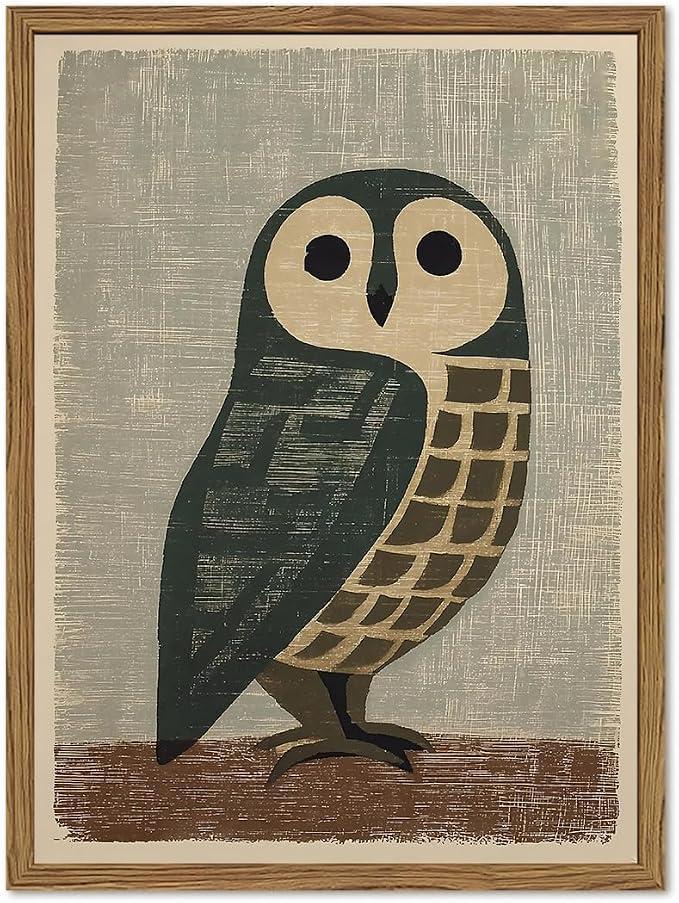 Japanese Owl Wall Art, Vintage Bird Wall Decor Painting Japan Mid Century Wildlife Animal Poster Canvas Prints Picture for Bedroom Living Room Farmhouse 16x24 inch Wood Framed