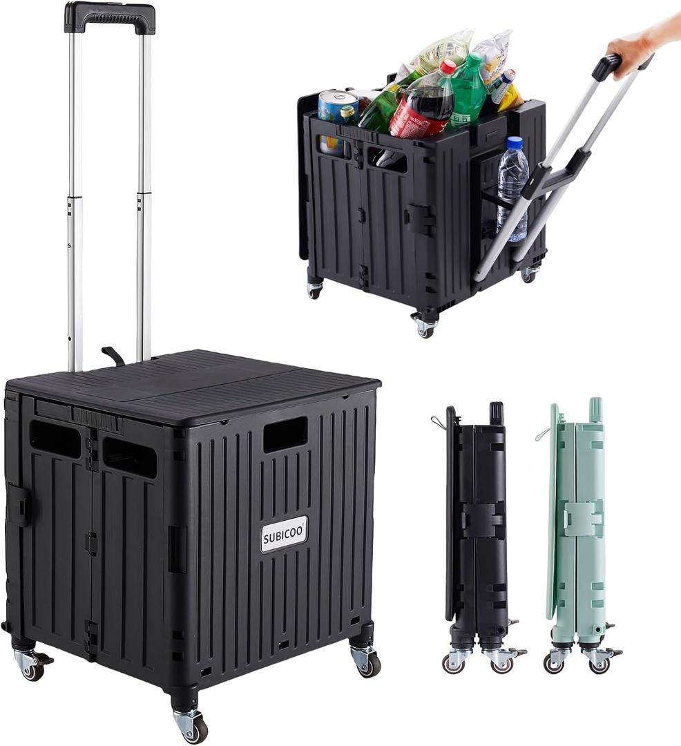 Folding Utility Cart Portable Rolling Crate Handcart Shopping Trolley Collapsible Tool Box, with Lid, on 4 Rotate Wheels, for Grocery, Shopping, Office, Teacher, Camp (Black)
