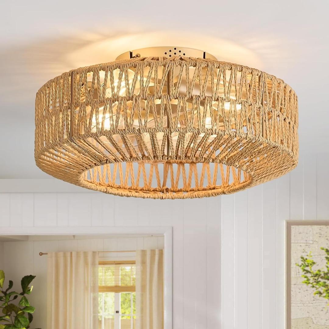Boho Ceiling Fan with Light and Remote,Rattan Fandelier Ceiling Fan with Light Flush Mount Woven Farmhouse Caged Ceiling Fans for Bedroom Living Room Kitchen(Enclosed 6 Speeds), Small