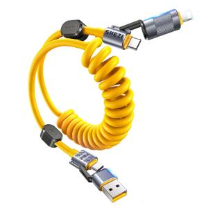 4-in-1 Coiled USB C Cable for Car 5FT [240W Fast Charging] Compatible with Lightning Cable [CarPlay & Android Auto] Multi Charger Cord Combo with L/Type C/USB A Ports for iPhone/iPad (Yellow)