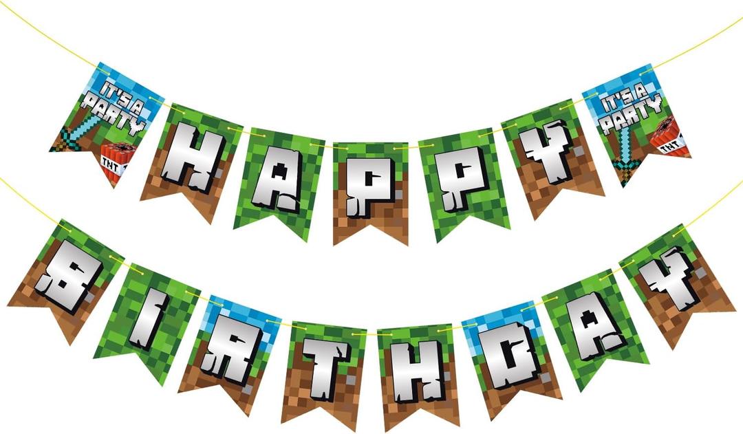 Pre-Strung Game Theme Happy Birthday Banner - NO DIY - Video Gaming Pixel Party Decoration Favors Background Photo Props Birthday Party Supplies Birthday Garland Pennant Hanging Wall Decor for Boys Girls (Green)