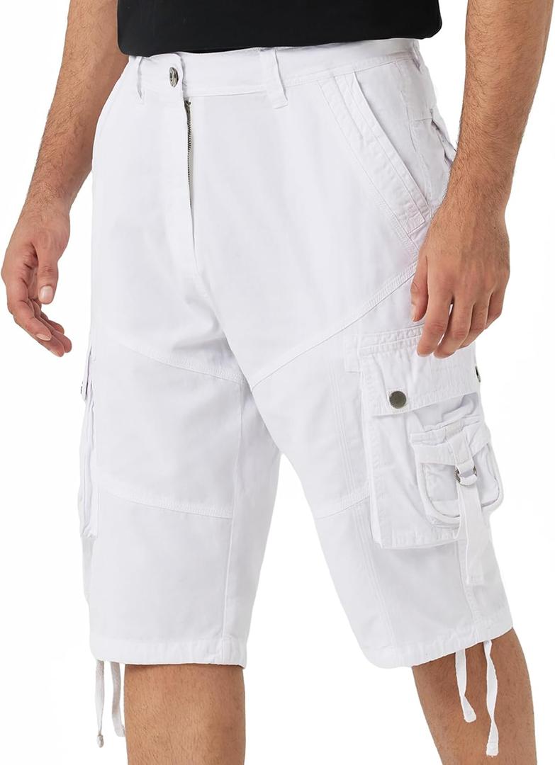 Cargo Shorts for Men Multi Pockets Mens Shorts Twill Below Knee 13 Inches Cotton Relaxed Fit Hiking Outdoor Work (30, White)