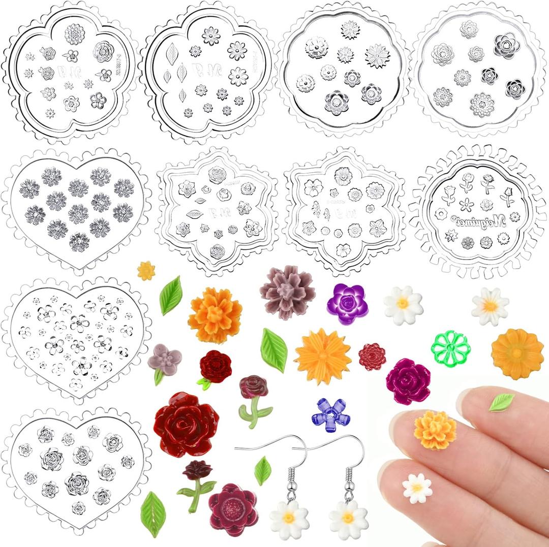 Nuenen 10 Pcs Spring Small Flower Polymer Clay Molds Mini Rose Daisy Silicone Polymer Clay Molds Small Floral and Leaf Craft DIY Tool for Jewelry Earring Making Decoration(Floral Style)