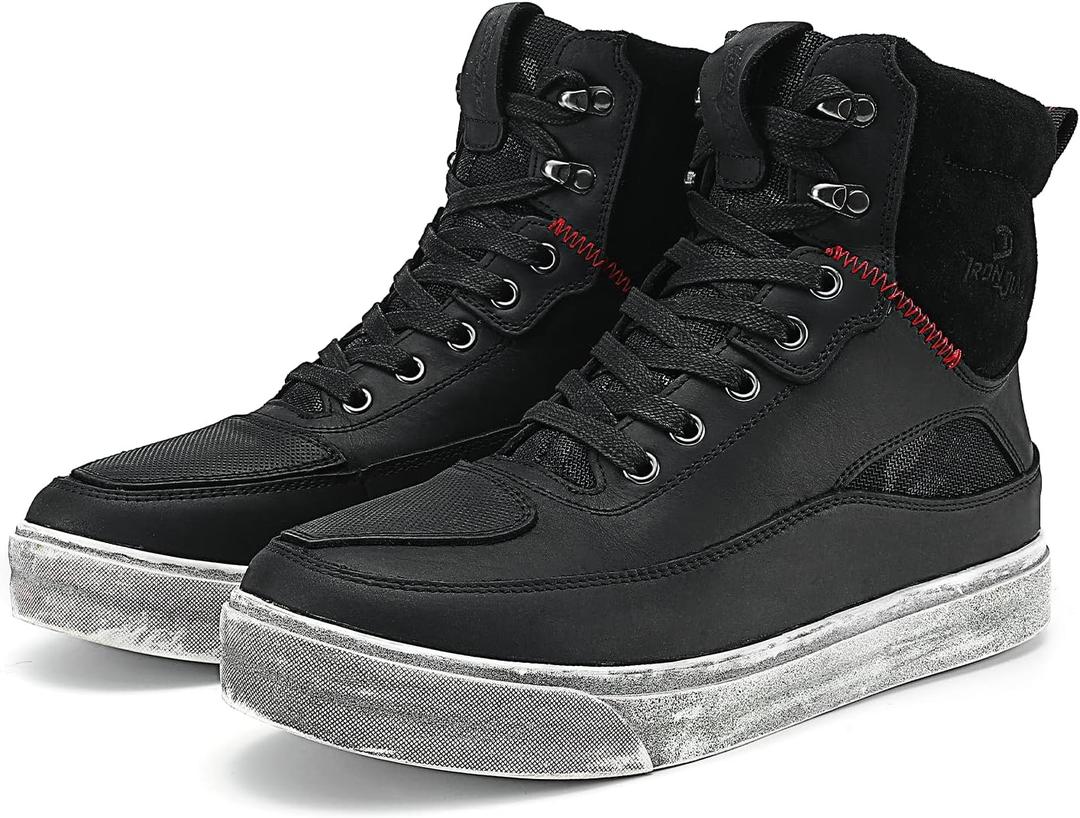 BORLENI Cowhide Leather Motorcycle Shoes for Men- Reinforced Street Waterproof Motorcycle Riding Boots with Side Zipper Ankle Support, Anti-Slip Sole Casual Breathable Powersports Shoes Black 9.5