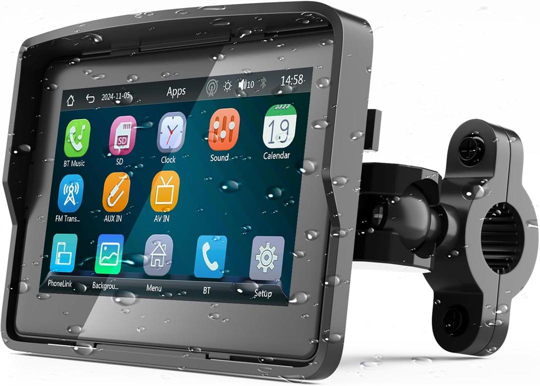 YZW Portable Wireless Motorcycle Apple Carplay & Android Auto, Motorcycle Carplay IP67 Waterproof GPS Navigation System, 5" Motorbike Touchscreen, Support Dual Bluetooth, EQ, Siri/Google Assistant