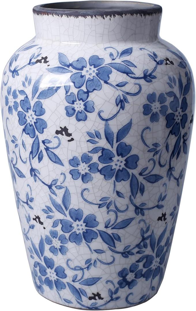 Vintage Blue and White Vase Porcelain Flower Vase Ceramic for Home Decor Rustic 9.7" H (Large)