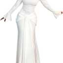 Vakkest Women's Long Sleeve Formal Maxi Dress Bodycon Elegant Ruched Tie Front Party Wedding Guest Evening Dresses (Large, White)